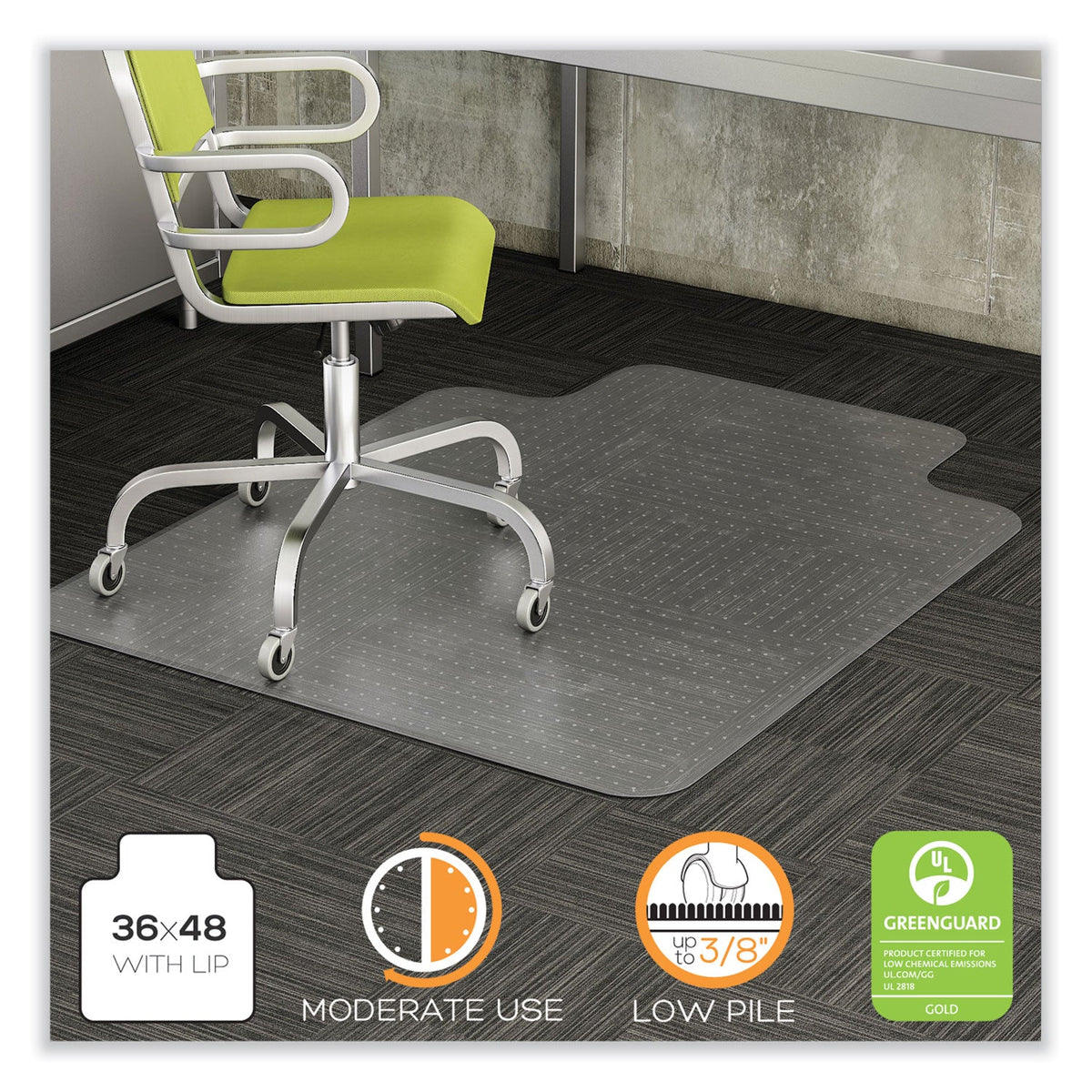 deflecto DuraMat Moderate Use Chair Mat, Low Pile Carpet, Roll, 36 x 48, Lipped, Clear