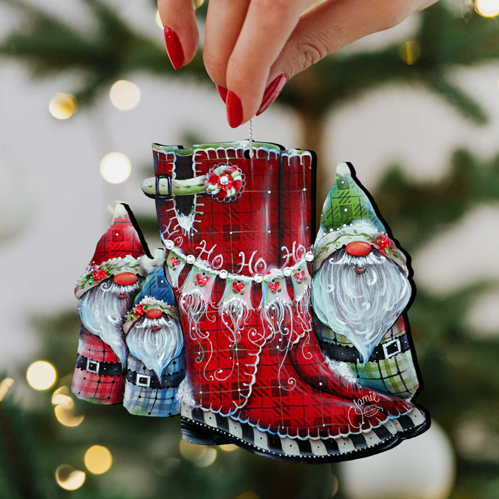 Seasonal Gnome Boots Wooden Christmas Ornaments – Set of 4 – 8091130-S4