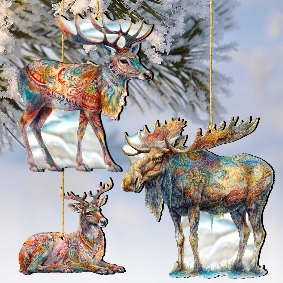 Alaska Reindeer & Moose Wooden Christmas Ornaments – Set of 3 – 8091134-S3