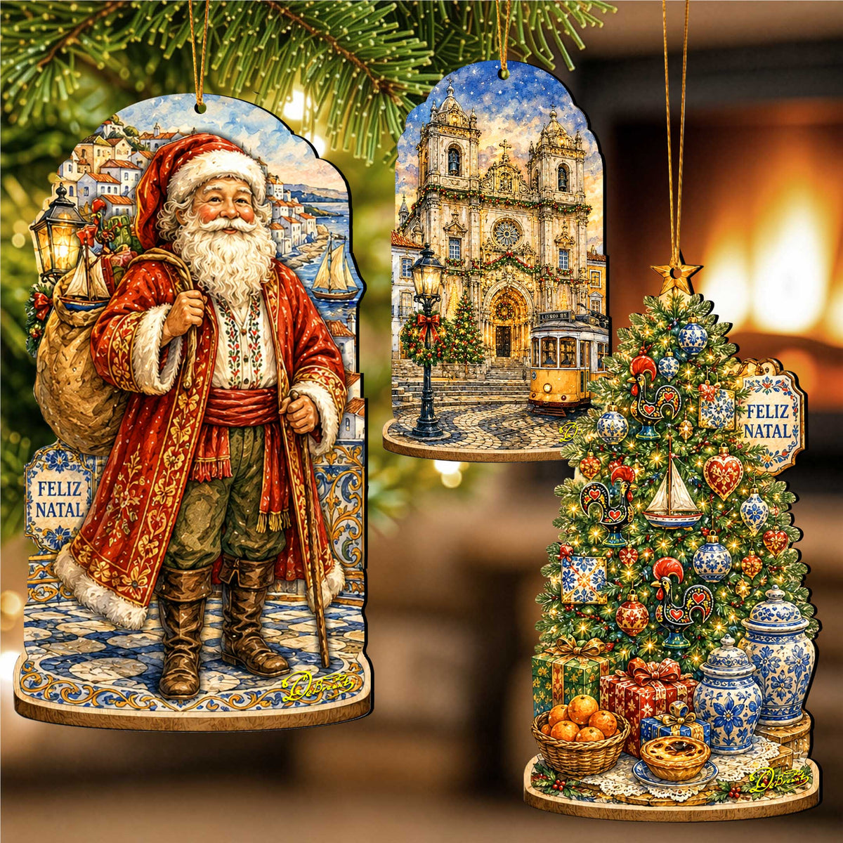 Portuguese Christmas Wooden Ornament Set – Santa, Lisbon & Christmas Tree – Set of 3 – 8091329S3