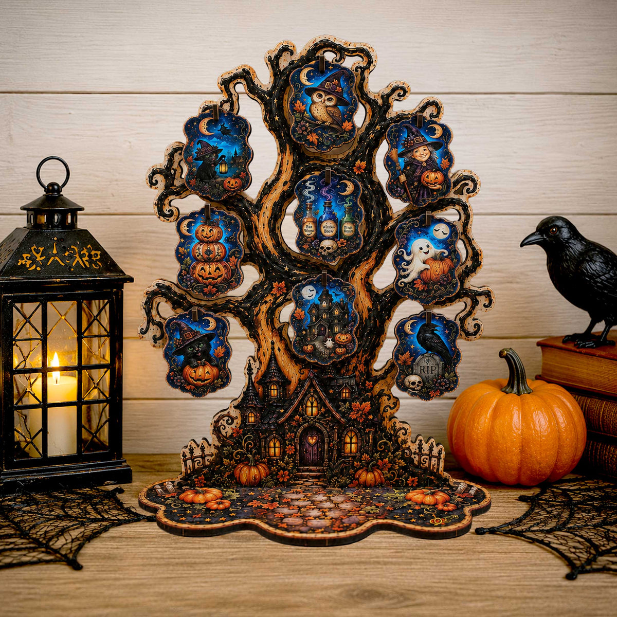 Halloween Haunted Tree Wooden Ornament Display – Handcrafted Tabletop Halloween Décor by G. Debrekht – 8091524