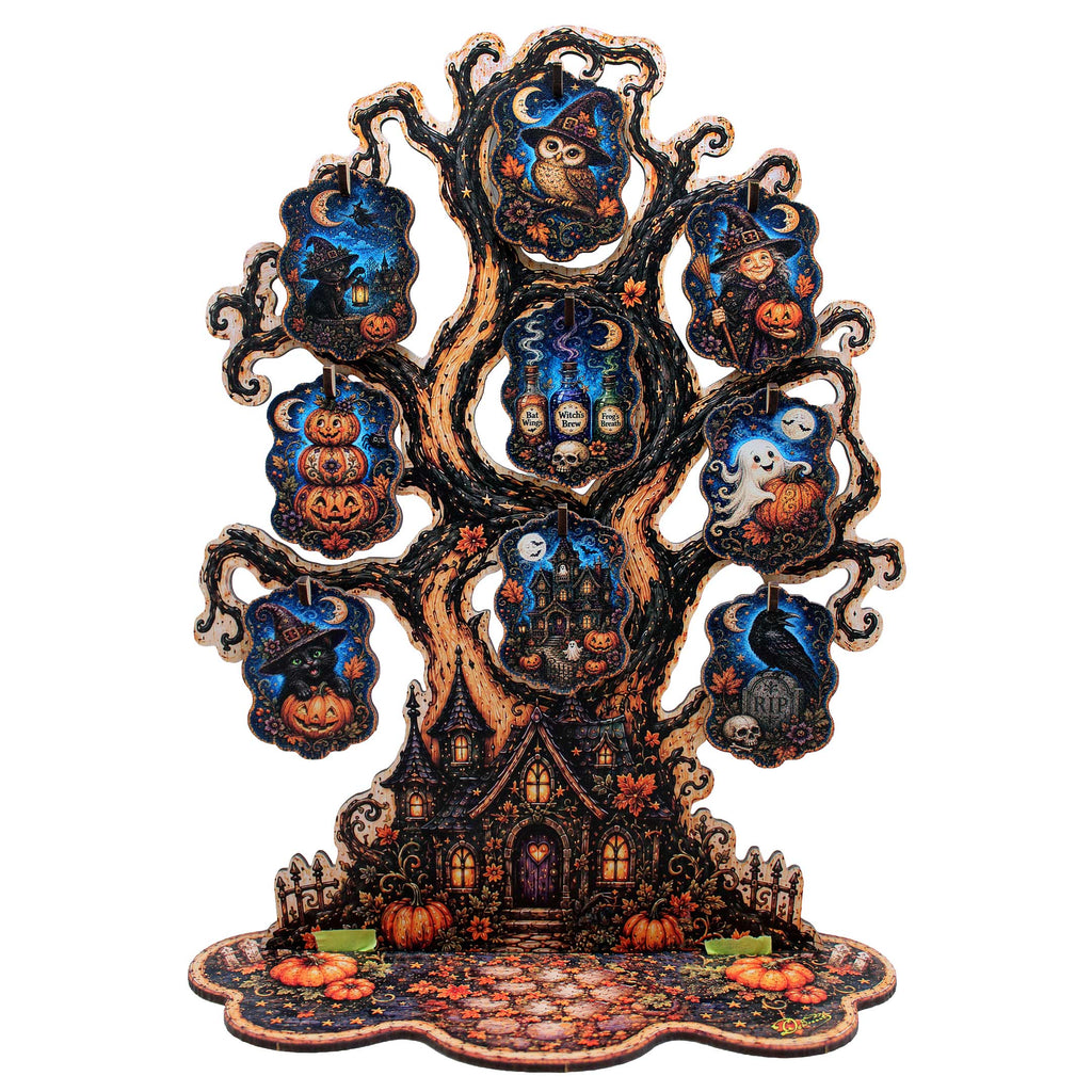 Halloween Haunted Tree Wooden Ornament Display – Handcrafted Tabletop Halloween Décor by G. Debrekht – 8091524
