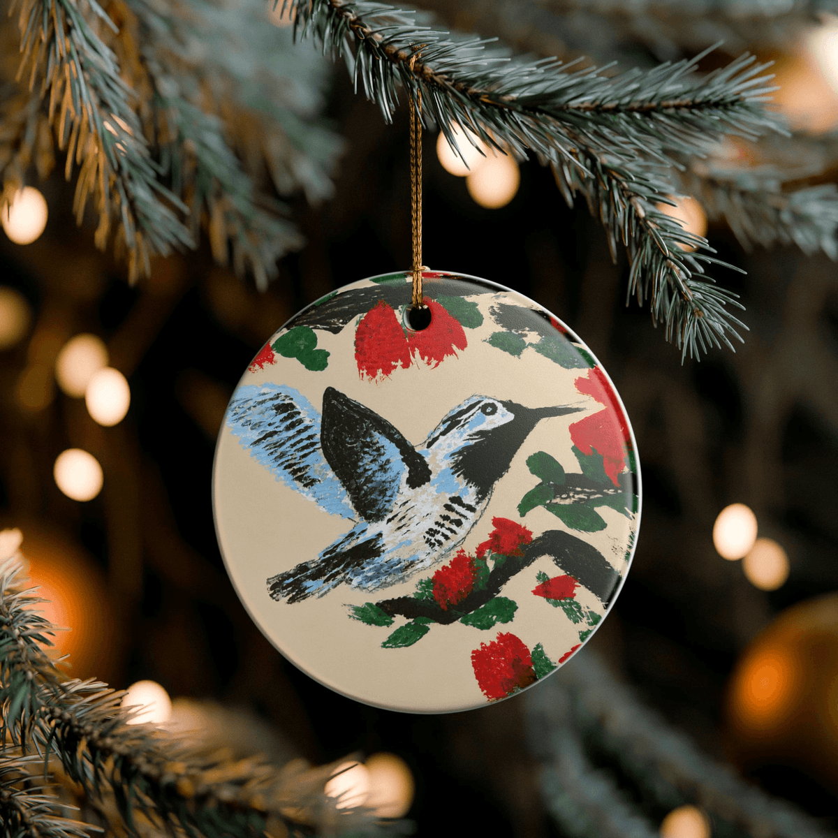 PimsArt Hummingbird Blossom Round Christmas Ornament From Original Painting