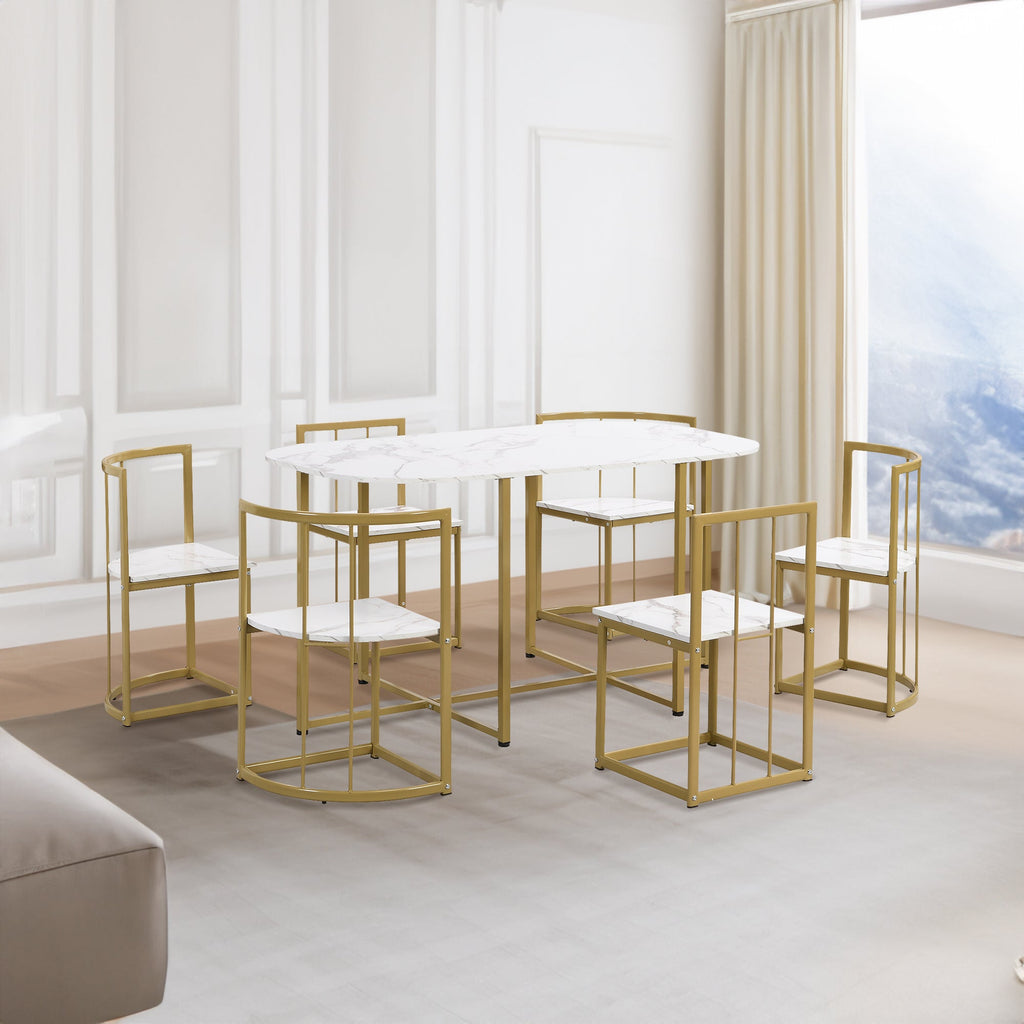 TOPMAX Modern 7-Piece Dining Table Set with Faux Marble Compact 55Inch Kitchen Table Set for 6  Golden+White