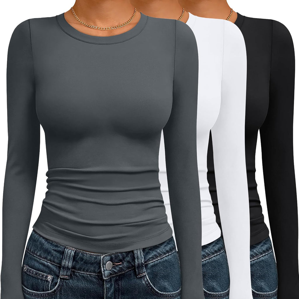 AUTOMET 3 Pack Womens Long Sleeve Basic Shirts Underscrub Compression Tops