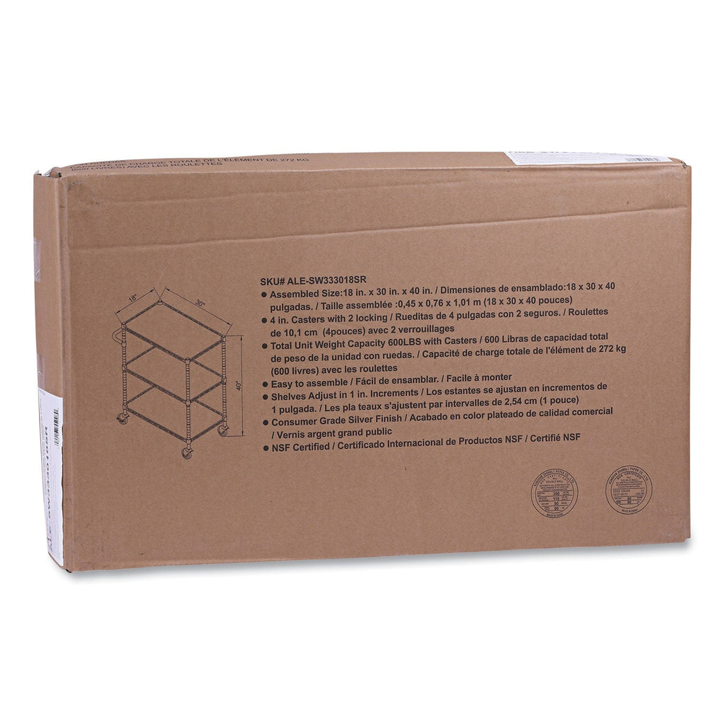 Alera Three-Shelf Wire Cart with Liners, Metal, 3 Shelves, 600 lb Capacity, 34.5" x 18" x 40", Silver