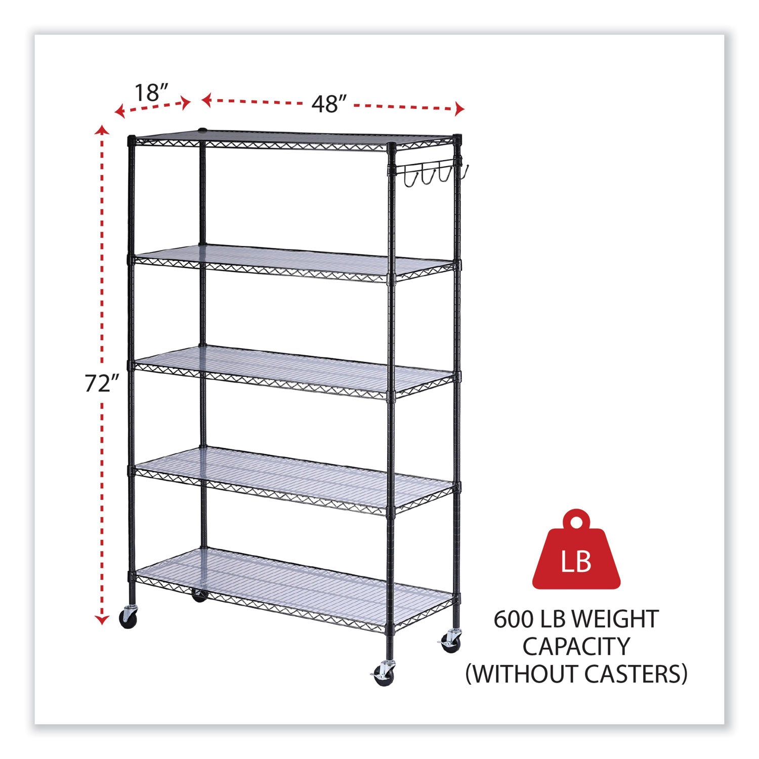 Alera 5-Shelf Wire Shelving Kit with Casters and Shelf Liners, 48w x 18d x 72h, Black Anthracite