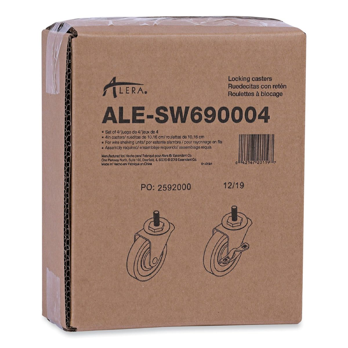 Alera Optional Casters for Wire Shelving, Grip Ring Type K Stem, 4" Wheel, Gray/Black, 4/Set (2 Locking)