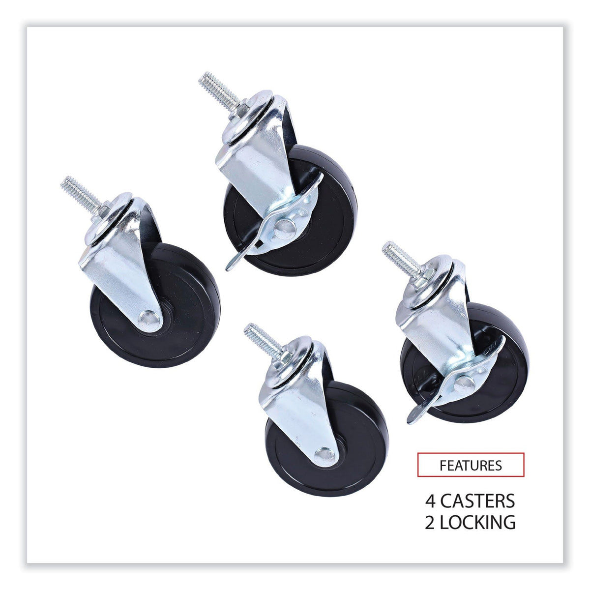 Alera Optional Casters for Wire Shelving, Grip Ring Stem, 3" Wheel, Black, 4/Set (2 Locking)