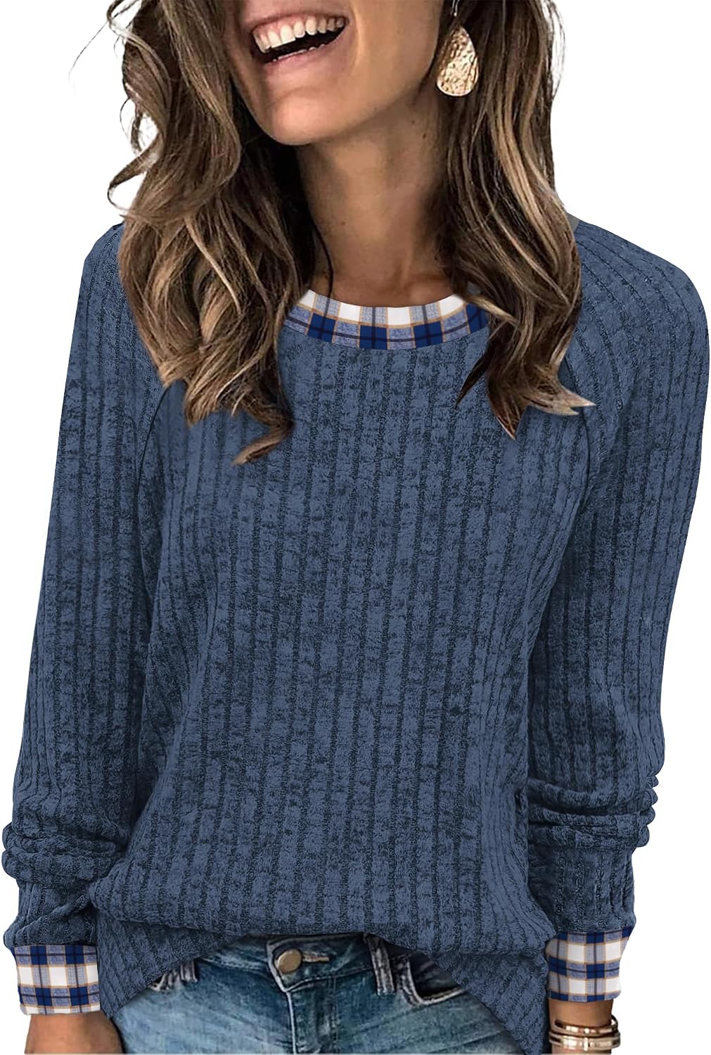 WIHOLL Long Sleeve Shirts for Women Lightweight Sweaters Fall Outfits 2026 Color Block Winter Clothing Dressy Casual Soft