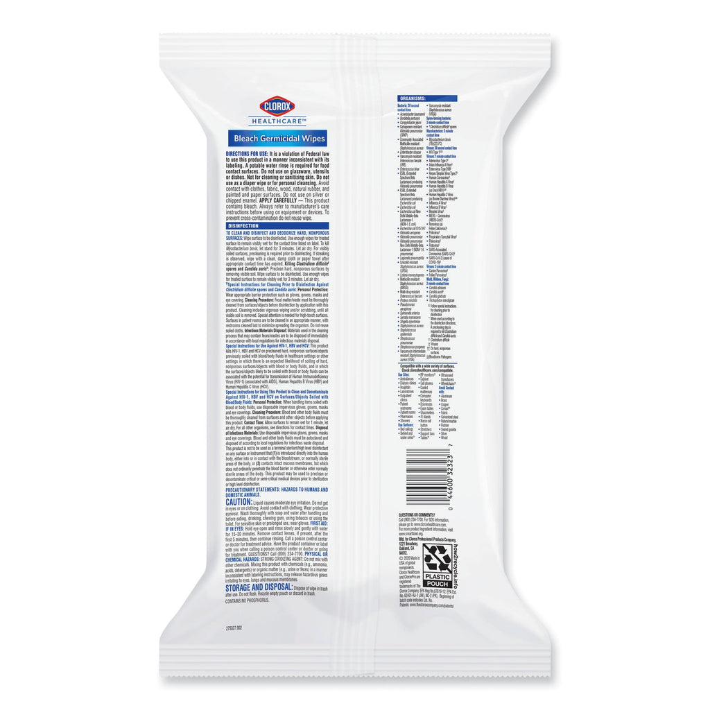 Clorox Bleach Germicidal Wipes, 6.75 x 9, Unscented, 100 Wipes/Flat Pack, 6 Packs/Carton