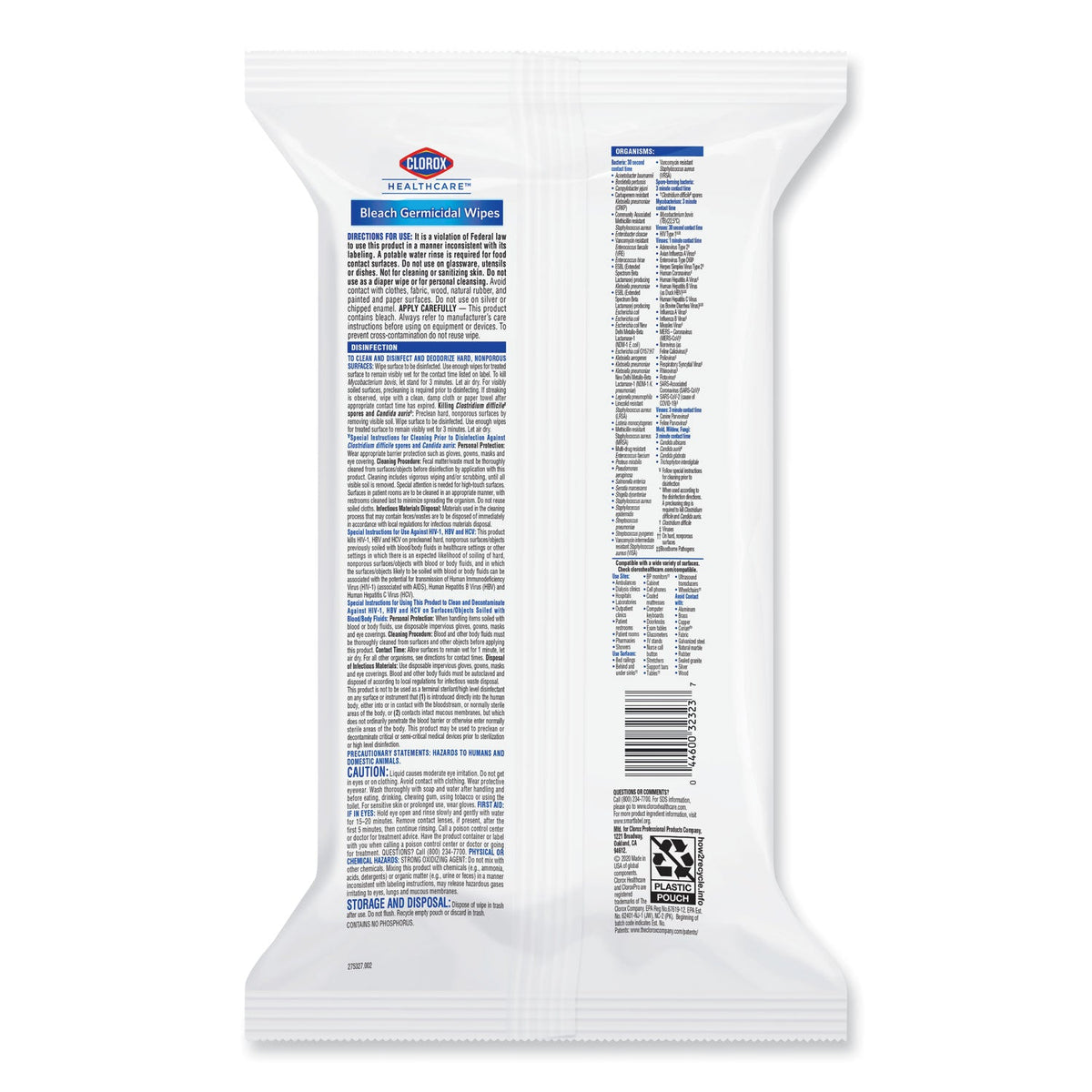 Clorox Bleach Germicidal Wipes, 6.75 x 9, Unscented, 100 Wipes/Flat Pack, 6 Packs/Carton