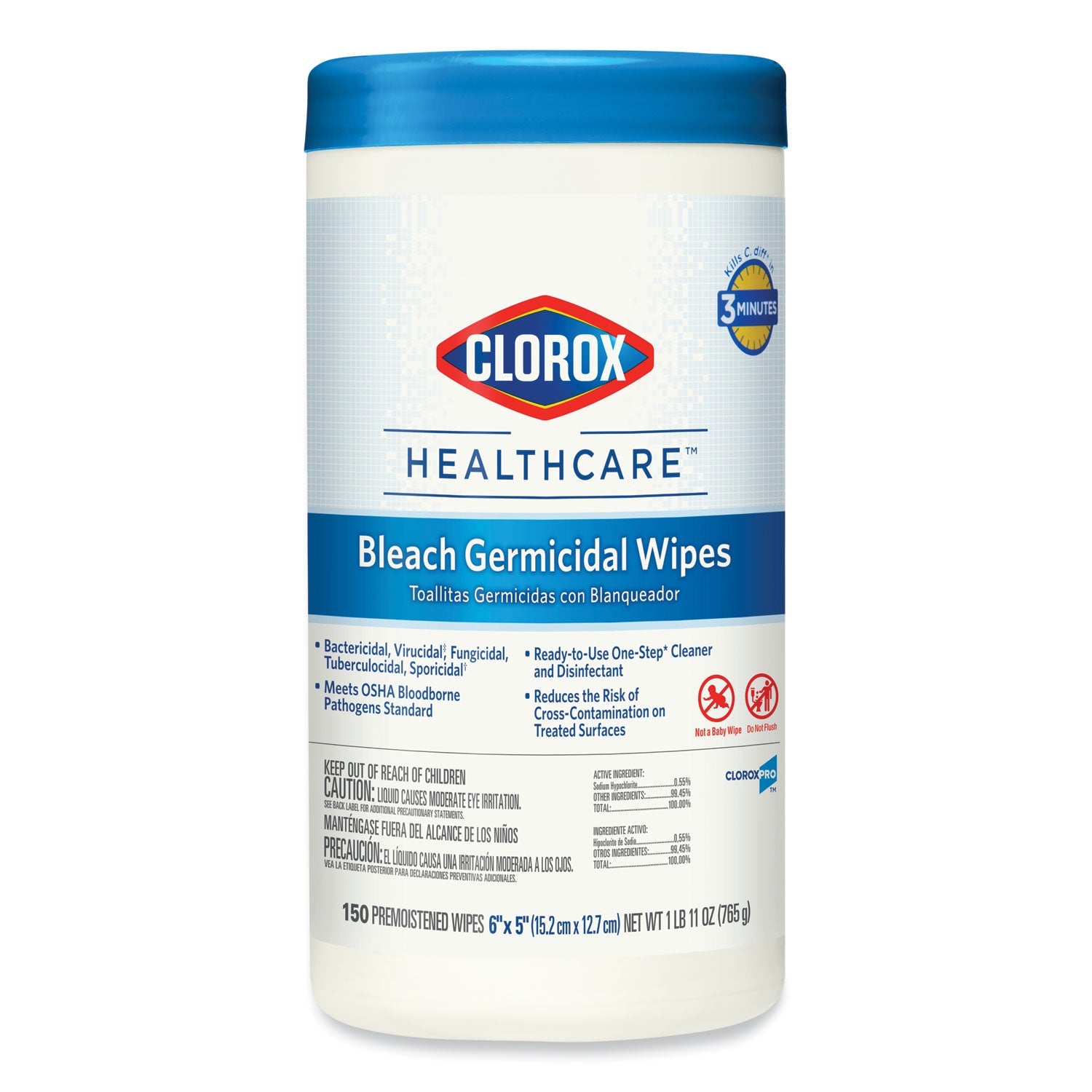 Clorox Bleach Germicidal Wipes, 6 x 5, Unscented, 150/Canister