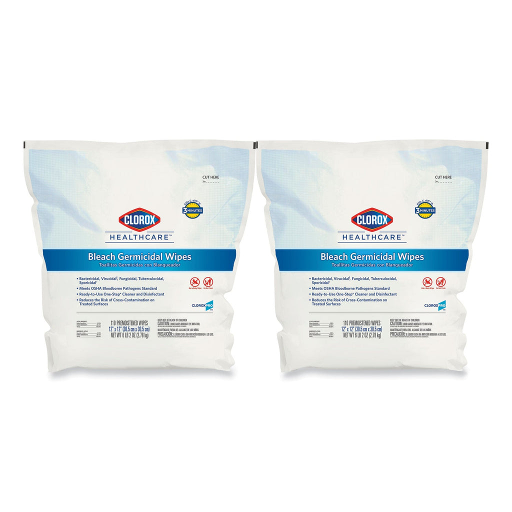 Clorox Bleach Germicidal Wipes, 12 x 12, Unscented, 110/Refill, 2/Carton