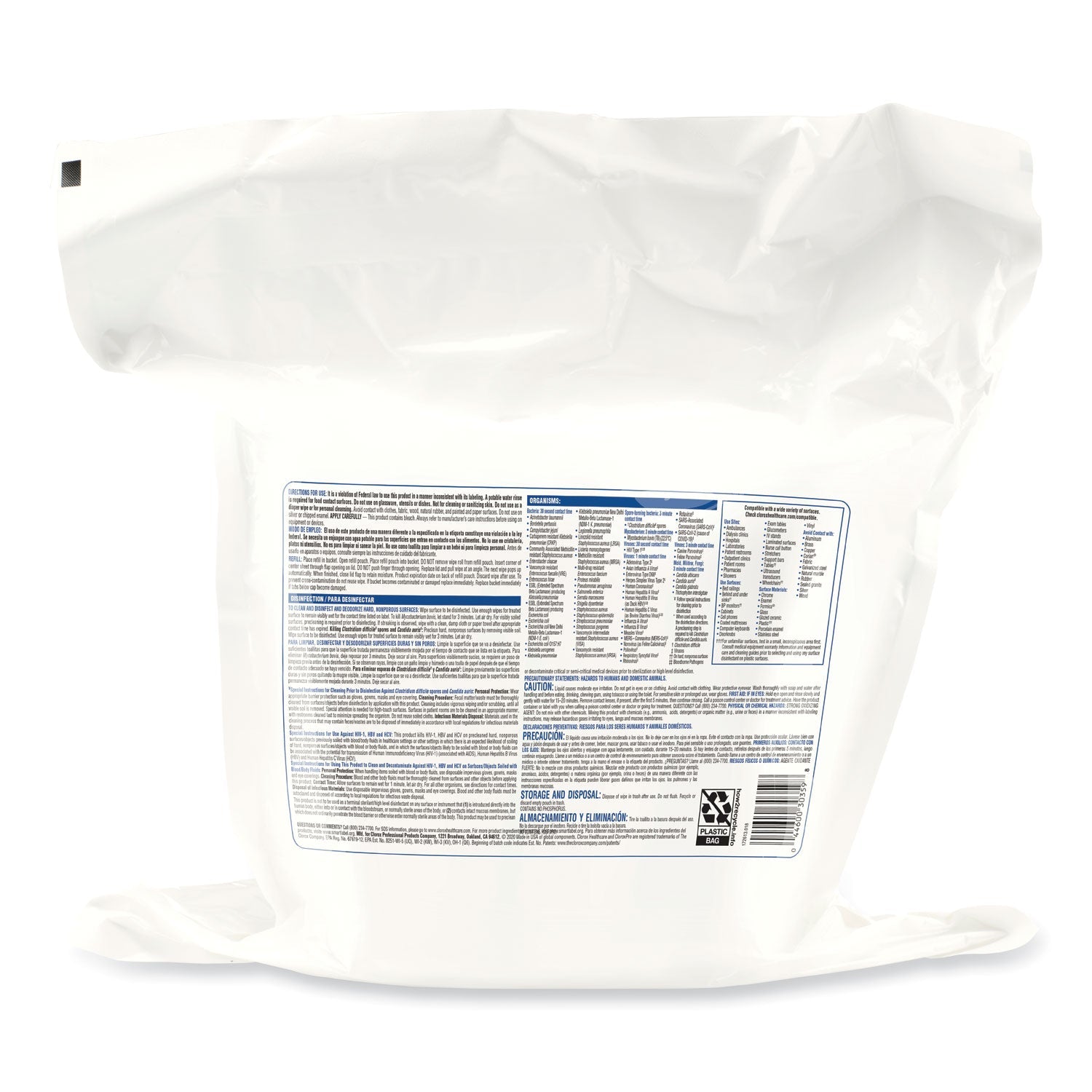 Clorox Bleach Germicidal Wipes, 12 x 12, Unscented, 110/Refill, 2/Carton