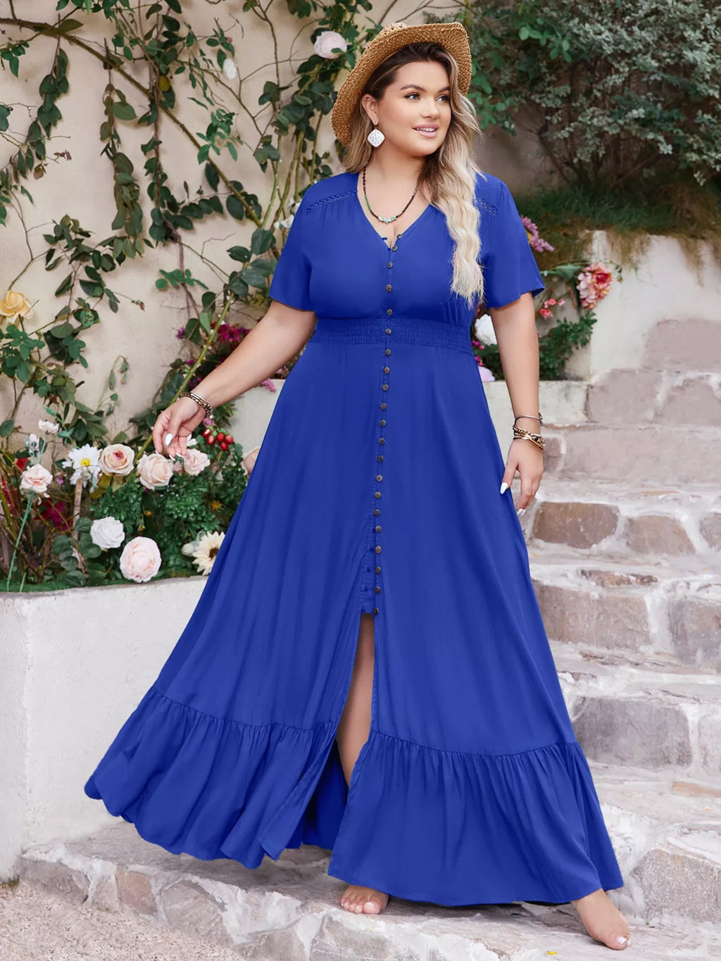 Ruffled Hem V-Neck Maxi Dress