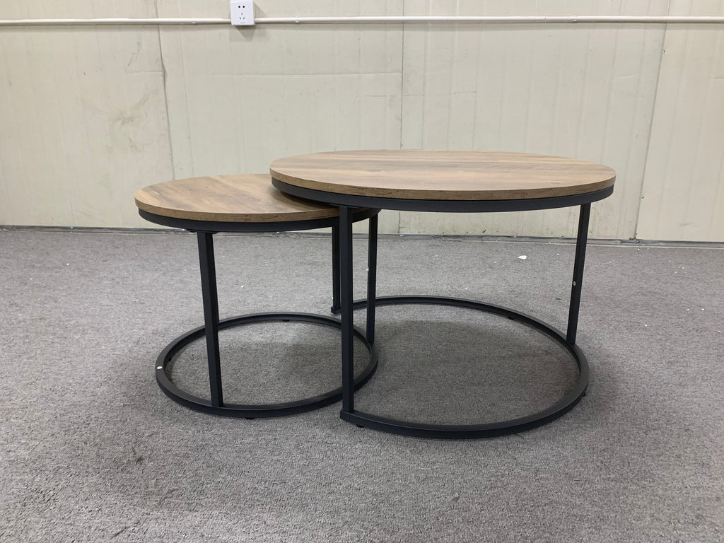 A set of nested coffee tables, 27.6-inch round coffee table, industrial wood veneer, with sturdy metal frame (brown)