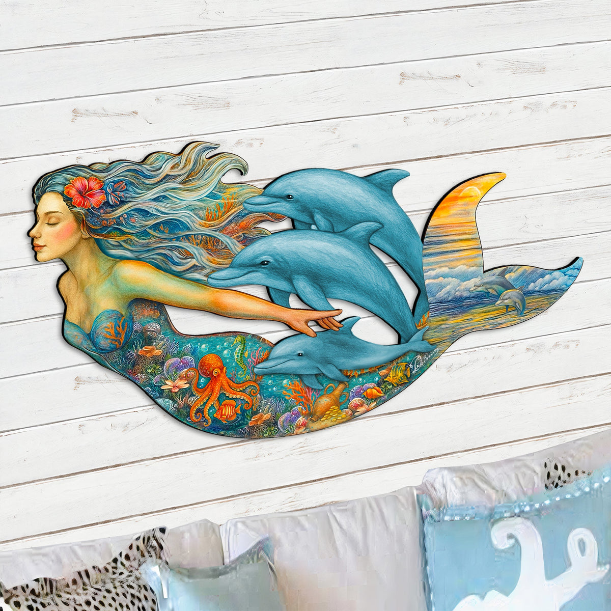 Mermaid & Dolphins Coastal Outdoor Decor by G. Debrekht - Coastal Sea-Life Decor - 81985143F