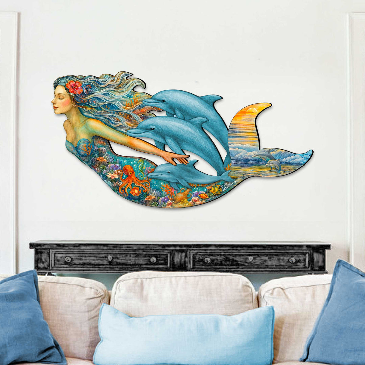 Mermaid & Dolphins Coastal Outdoor Decor by G. Debrekht - Coastal Sea-Life Decor - 81985143F