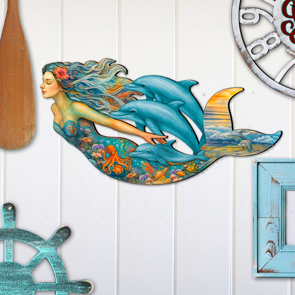 Mermaid & Dolphins Coastal Outdoor Decor by G. Debrekht - Coastal Sea-Life Decor - 81985143F