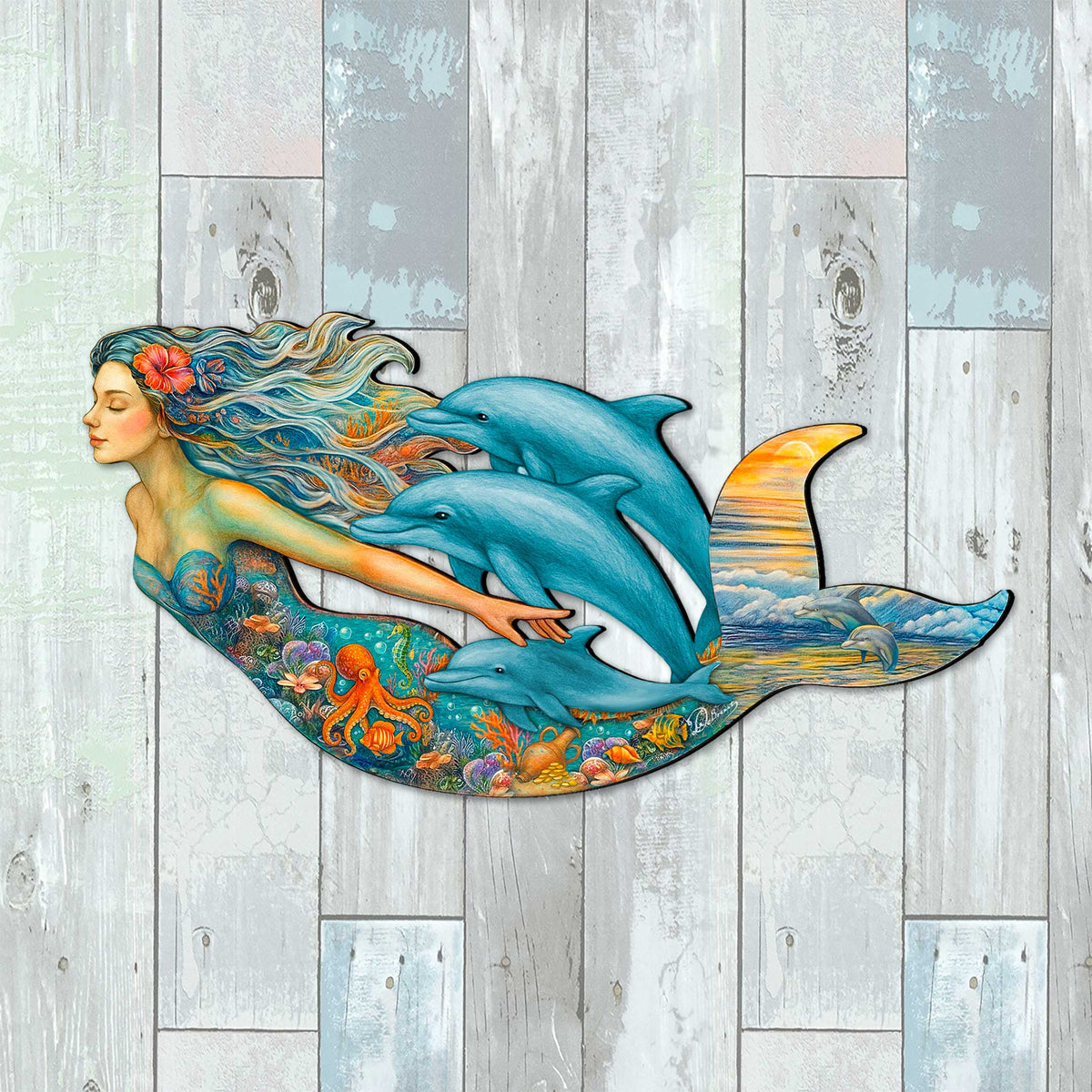 Mermaid & Dolphins Coastal Outdoor Decor by G. Debrekht - Coastal Sea-Life Decor - 81985143F
