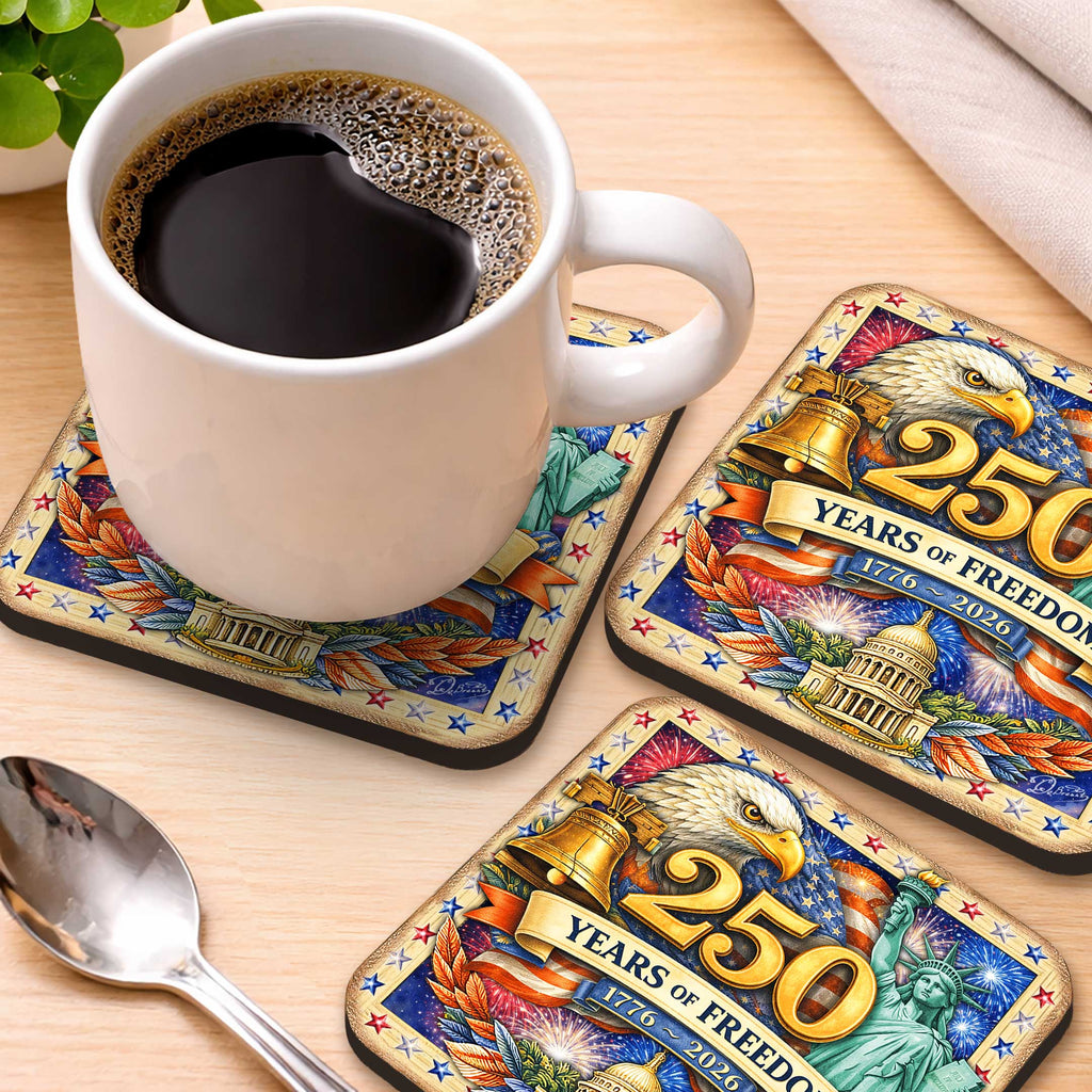250 Years of Freedom Patriotic Coaster Set – USA Eagle Wooden Drink Coasters Set of 4  - 8199476C-S4