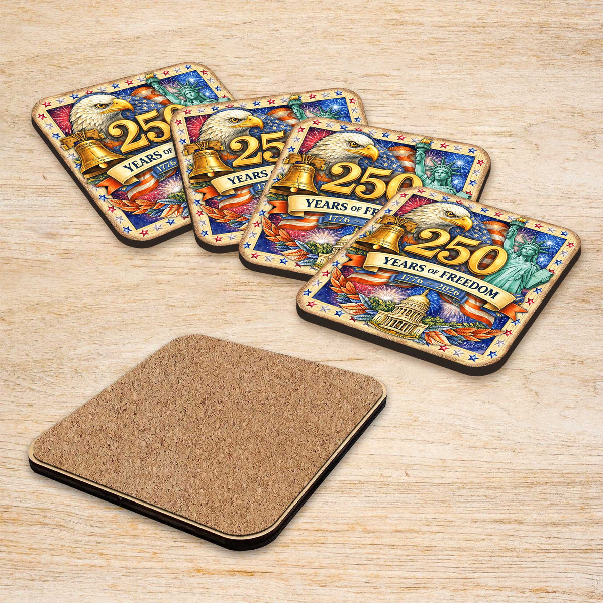 250 Years of Freedom Patriotic Coaster Set – USA Eagle Wooden Drink Coasters Set of 4  - 8199476C-S4