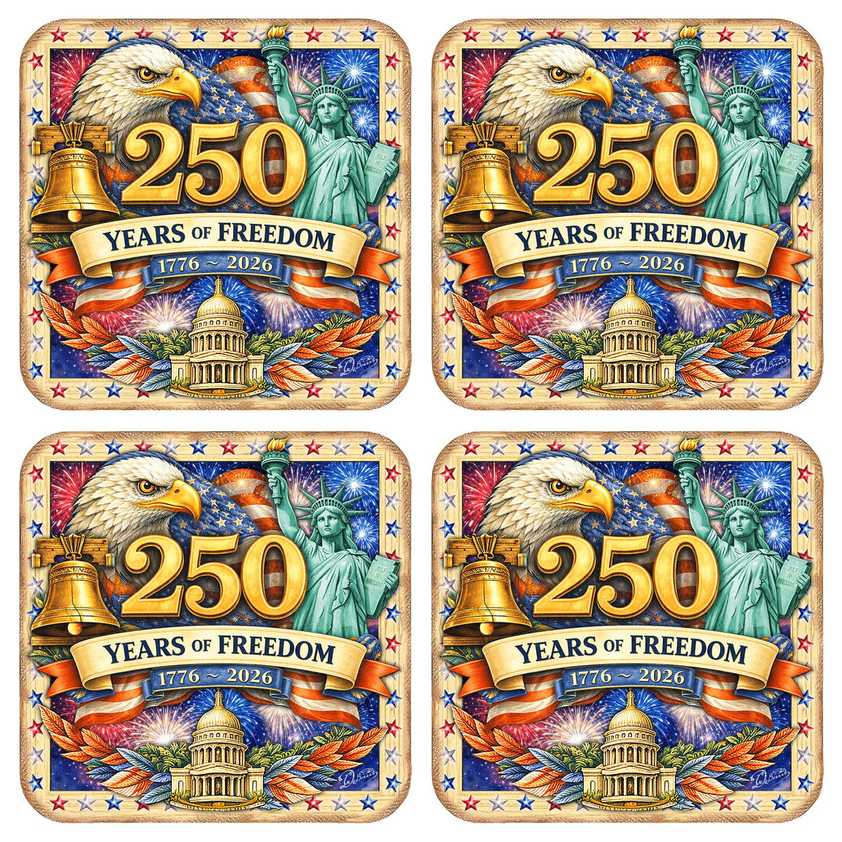 250 Years of Freedom Patriotic Coaster Set – USA Eagle Wooden Drink Coasters Set of 4  - 8199476C-S4