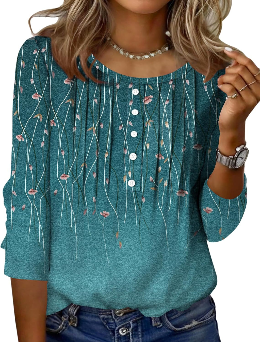 Zeagoo 3/4 Length Sleeve Womens Tops Round Neck Casual Summer Tunic Tops Basic Tees Blouses Dressy T-Shirts Pleated Shirts