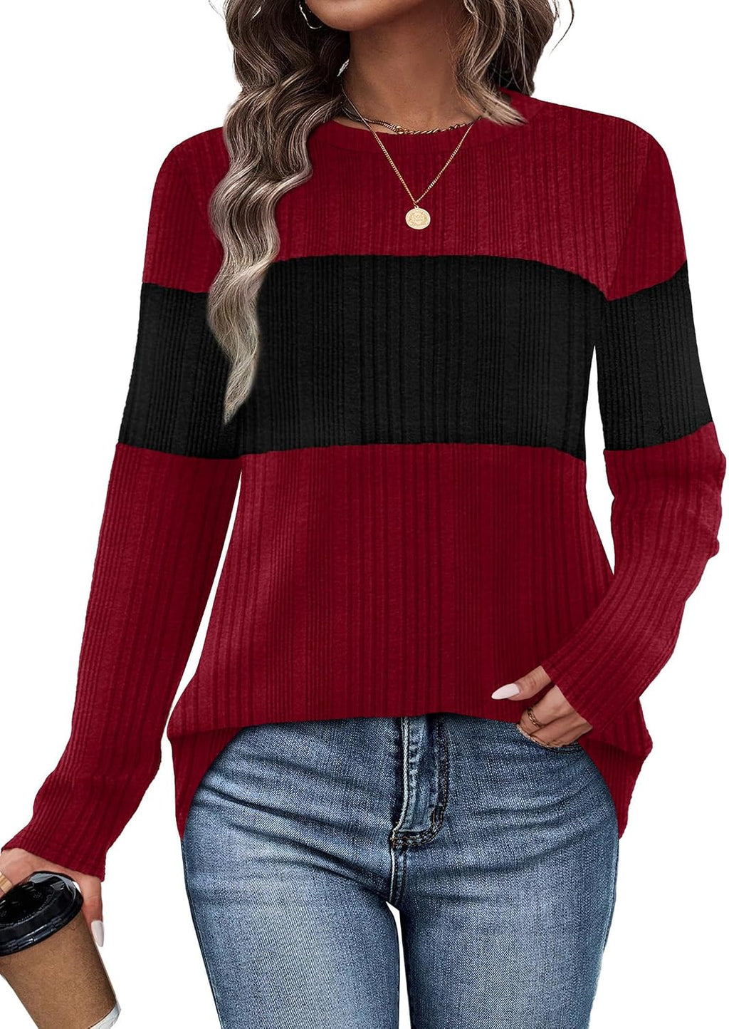 WIHOLL Womens Sweaters Trendy Color Block Tops Long Sleeve Shirts Fall Outfits Early Fall Fashion 2026 Winter Clothing