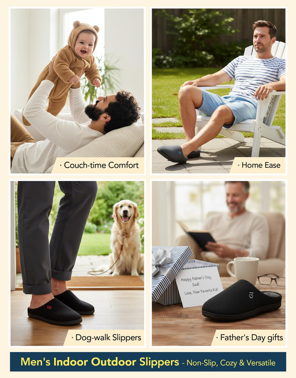 VeraCosy Men's Two-Tone House Slippers Memory Foam Indoor Rubber Sole