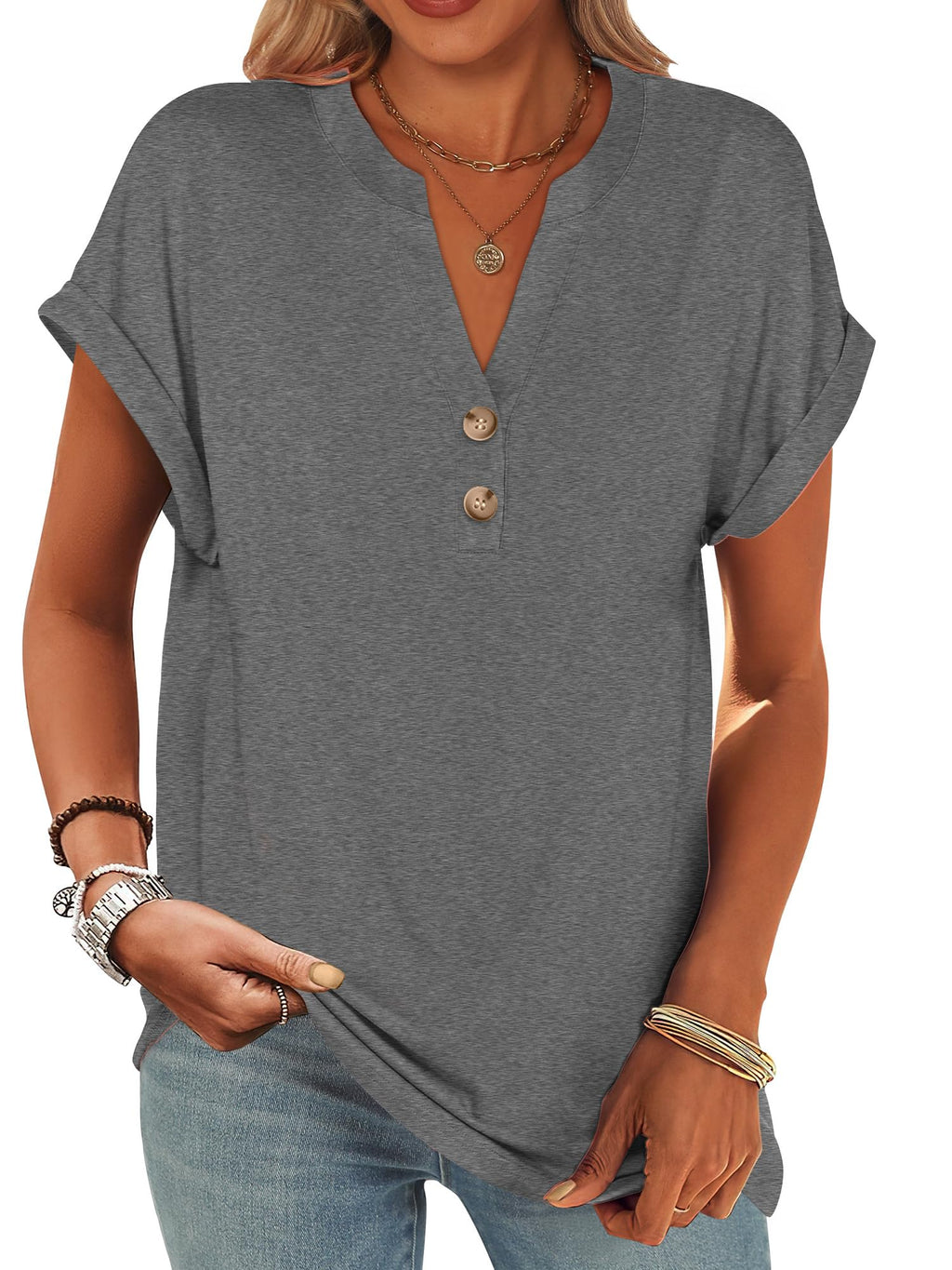 ANRABESS Womens Short Sleeve Henley Tops Summer Shirts Dressy Casual Blouse