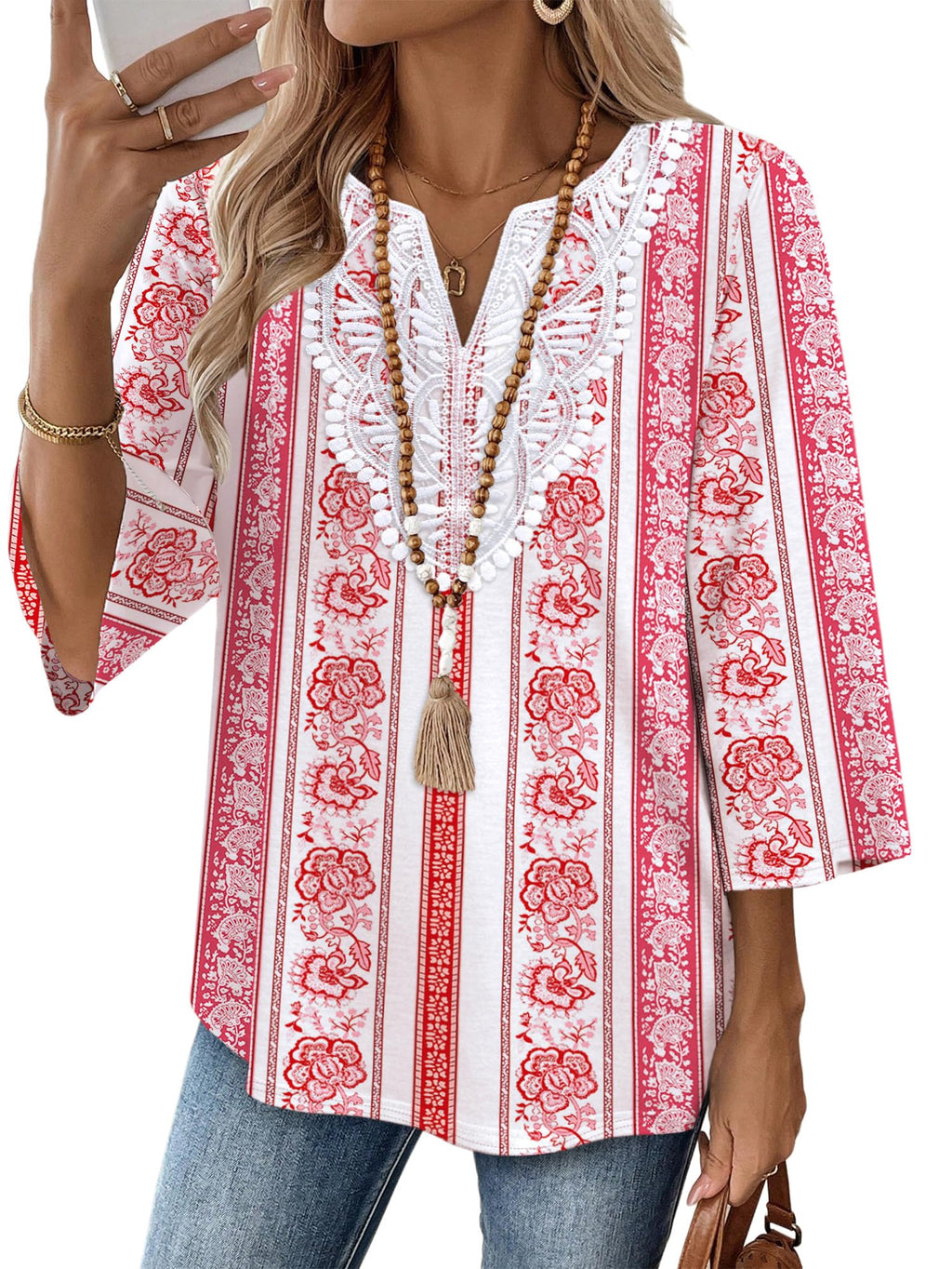 WIHOLL 3/4 Length Sleeve Womens Tops Boho V Neck Lace Shirt Trendy Blouses Dressy Casual Vacation Clothes S-3XL
