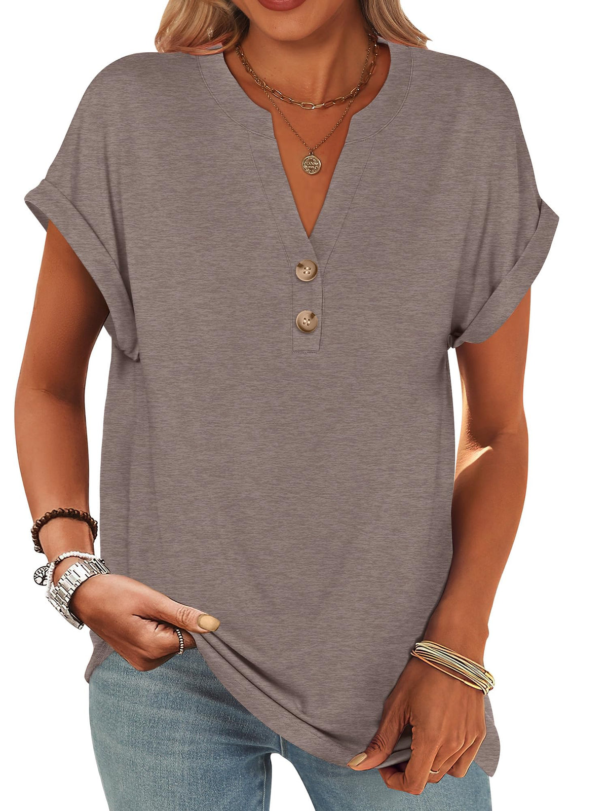 ANRABESS Womens Short Sleeve Henley Tops Summer Shirts Dressy Casual Blouse