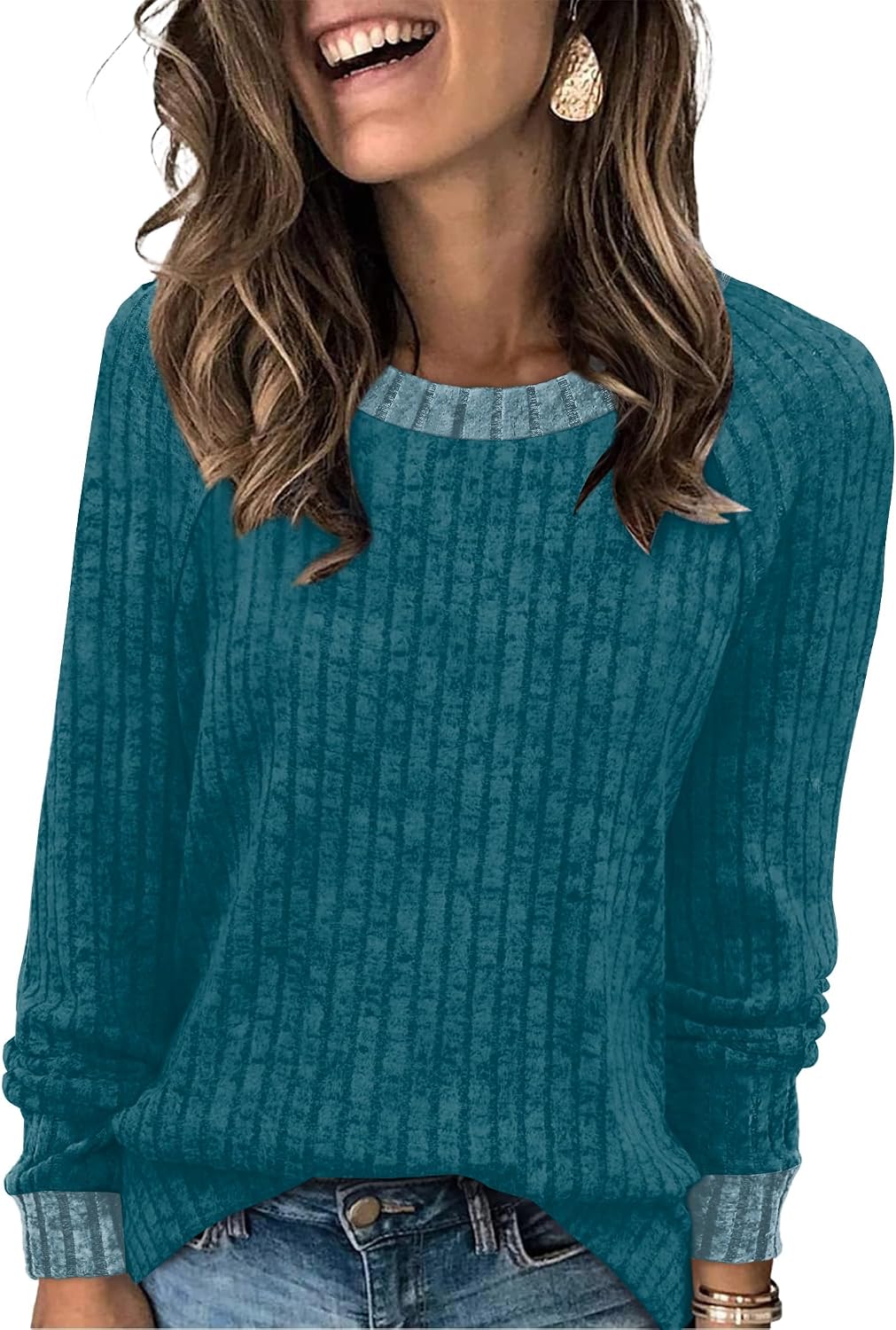 WIHOLL Long Sleeve Shirts for Women Lightweight Sweaters Fall Outfits 2026 Color Block Winter Clothing Dressy Casual Soft