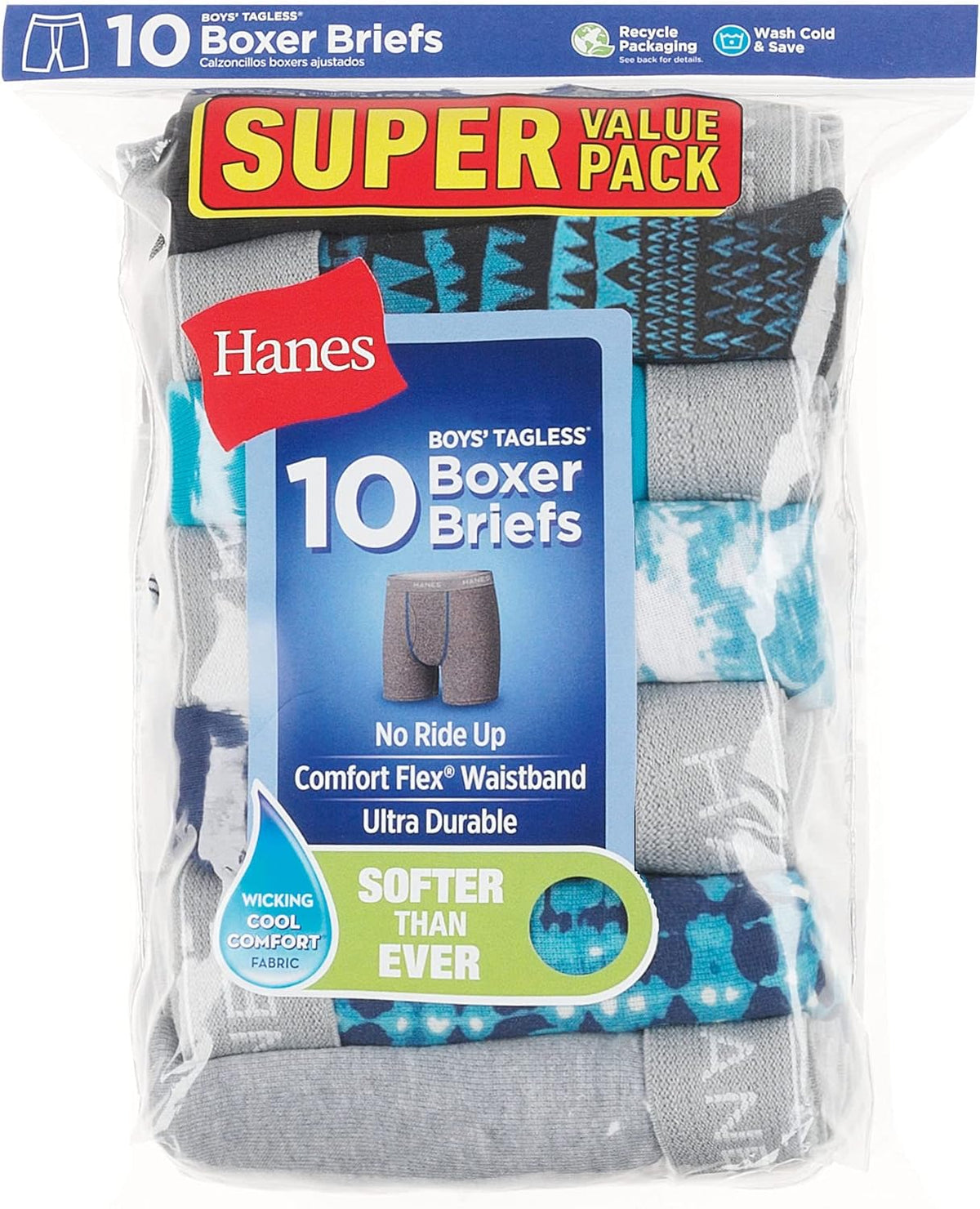 Hanes Boys' Boxer Briefs, Moisture-wicking Underwear for Boys & Toddlers, Assorted, 10 Or 12 Pack