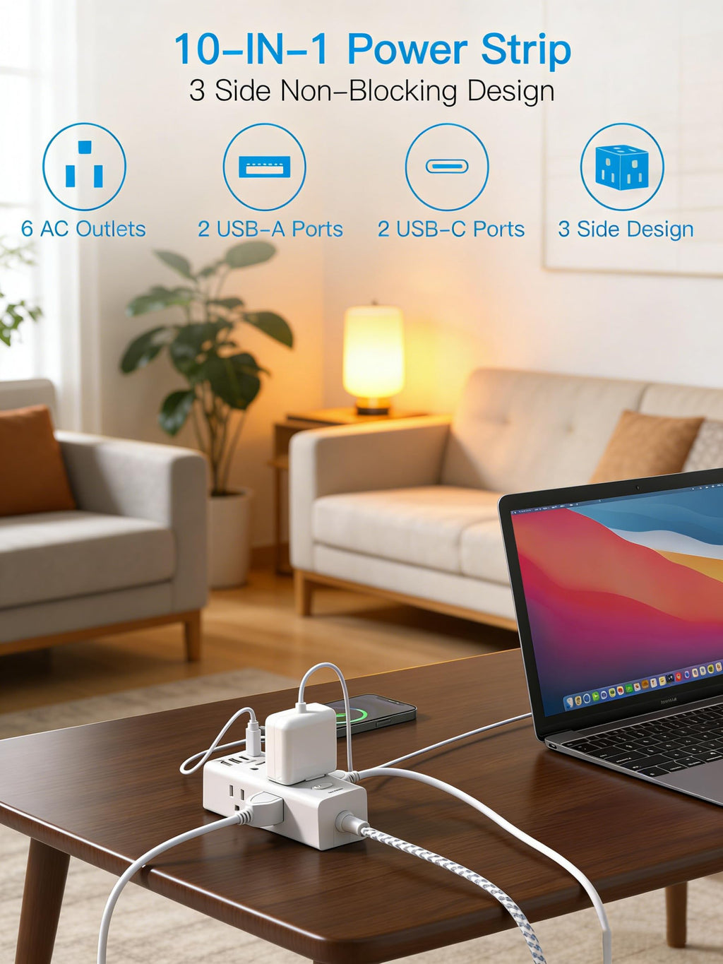 Surge Protector Power Strip 10Ft Long Extension Cord with Multiple Outlets