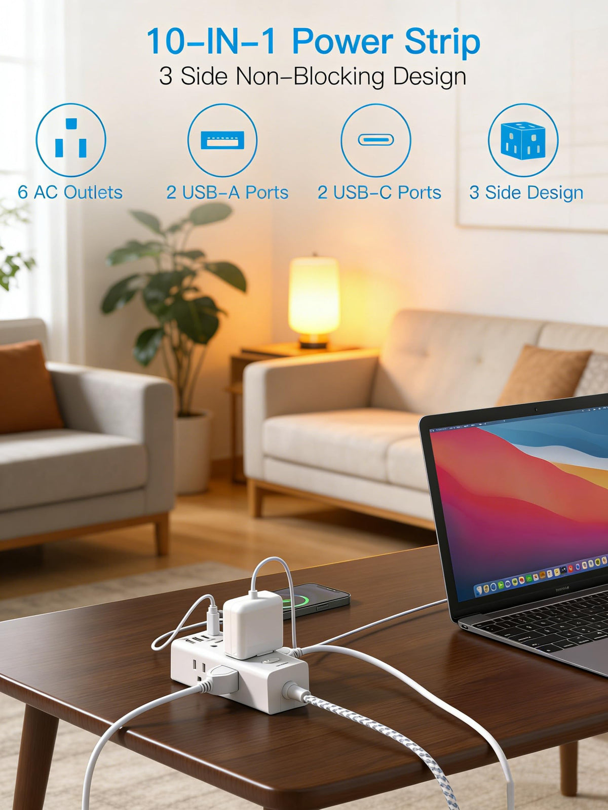 Surge Protector Power Strip 10Ft Long Extension Cord with Multiple Outlets
