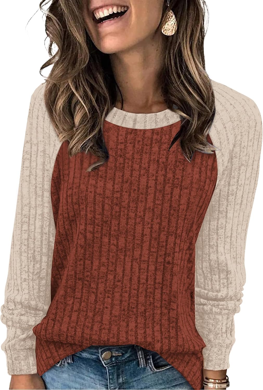 WIHOLL Long Sleeve Shirts for Women Lightweight Sweaters Fall Outfits 2026 Color Block Winter Clothing Dressy Casual Soft