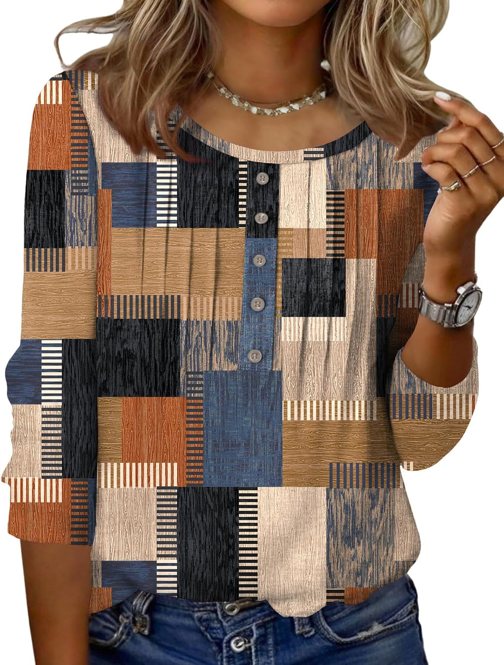 Zeagoo 3/4 Length Sleeve Womens Tops Round Neck Casual Summer Tunic Tops Basic Tees Blouses Dressy T-Shirts Pleated Shirts
