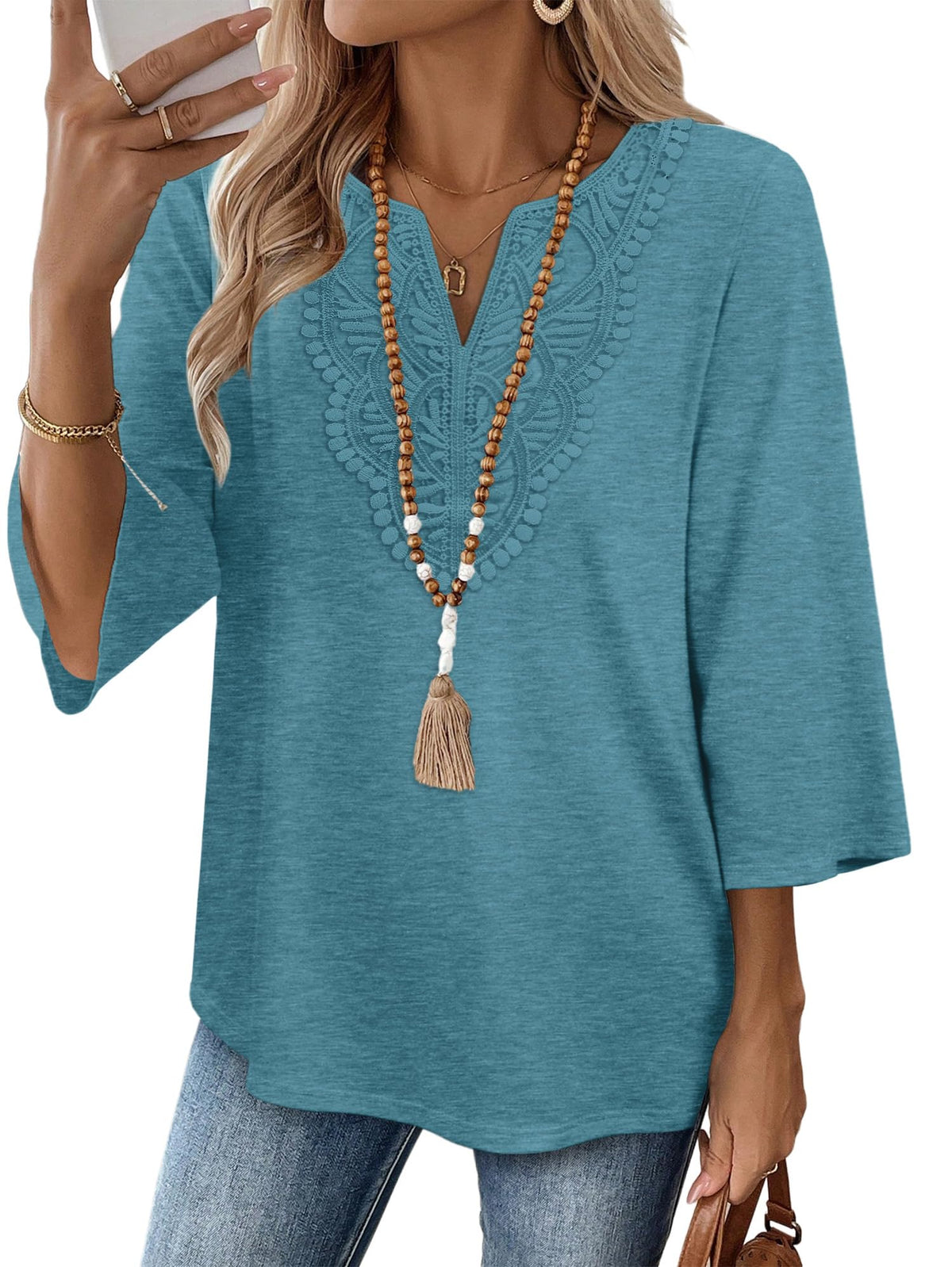 WIHOLL 3/4 Length Sleeve Womens Tops Boho V Neck Lace Shirt Trendy Blouses Dressy Casual Vacation Clothes S-3XL