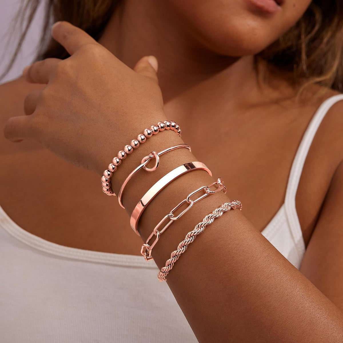 Gokeey Gold Bracelets Set for Women Non Tarnish, Waterproof 14K Gold Plated Sterling Silver Chunky Cuff Bracelet Stackable Gold Bangles Bracelet for Women Trendy Fashion Accessories Tie Knot Cuban Rope Paperclip Beaded Bracelet Stack Jewelry Mothers Day G