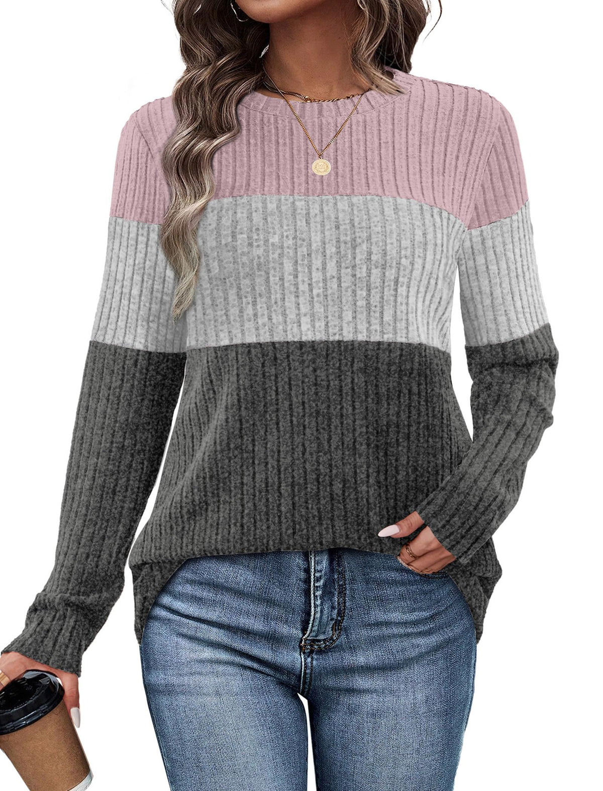 WIHOLL Womens Sweaters Trendy Color Block Tops Long Sleeve Shirts Fall Outfits Early Fall Fashion 2026 Winter Clothing