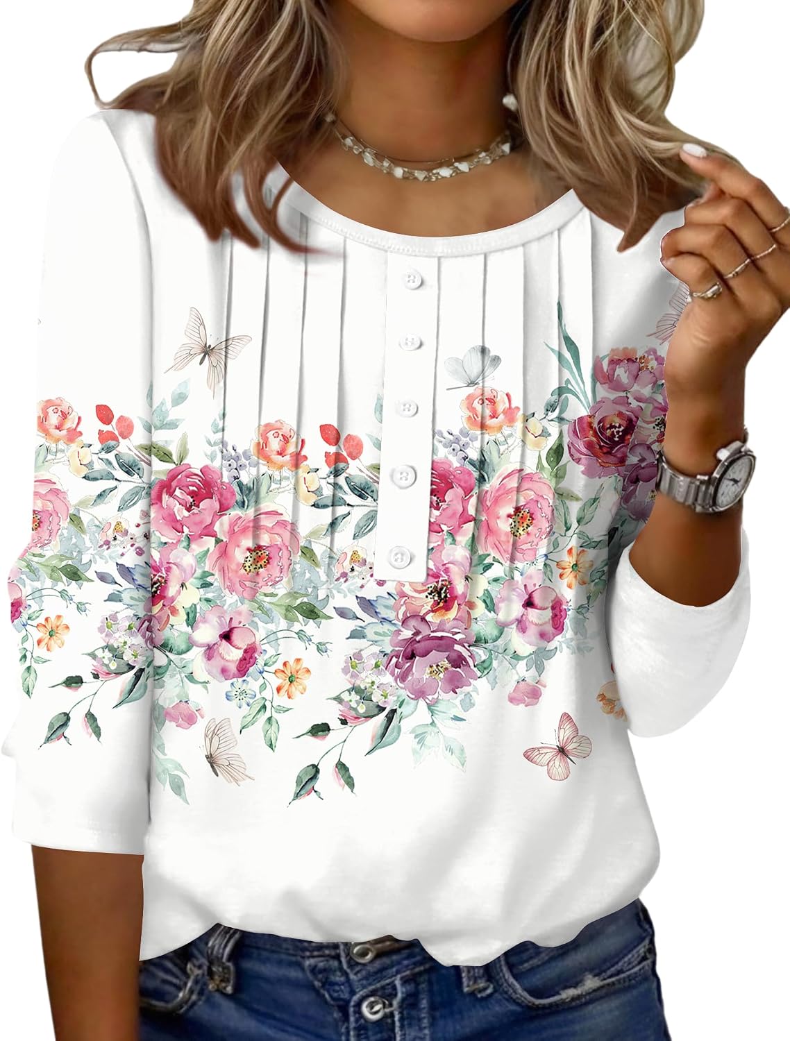Zeagoo 3/4 Length Sleeve Womens Tops Round Neck Casual Summer Tunic Tops Basic Tees Blouses Dressy T-Shirts Pleated Shirts