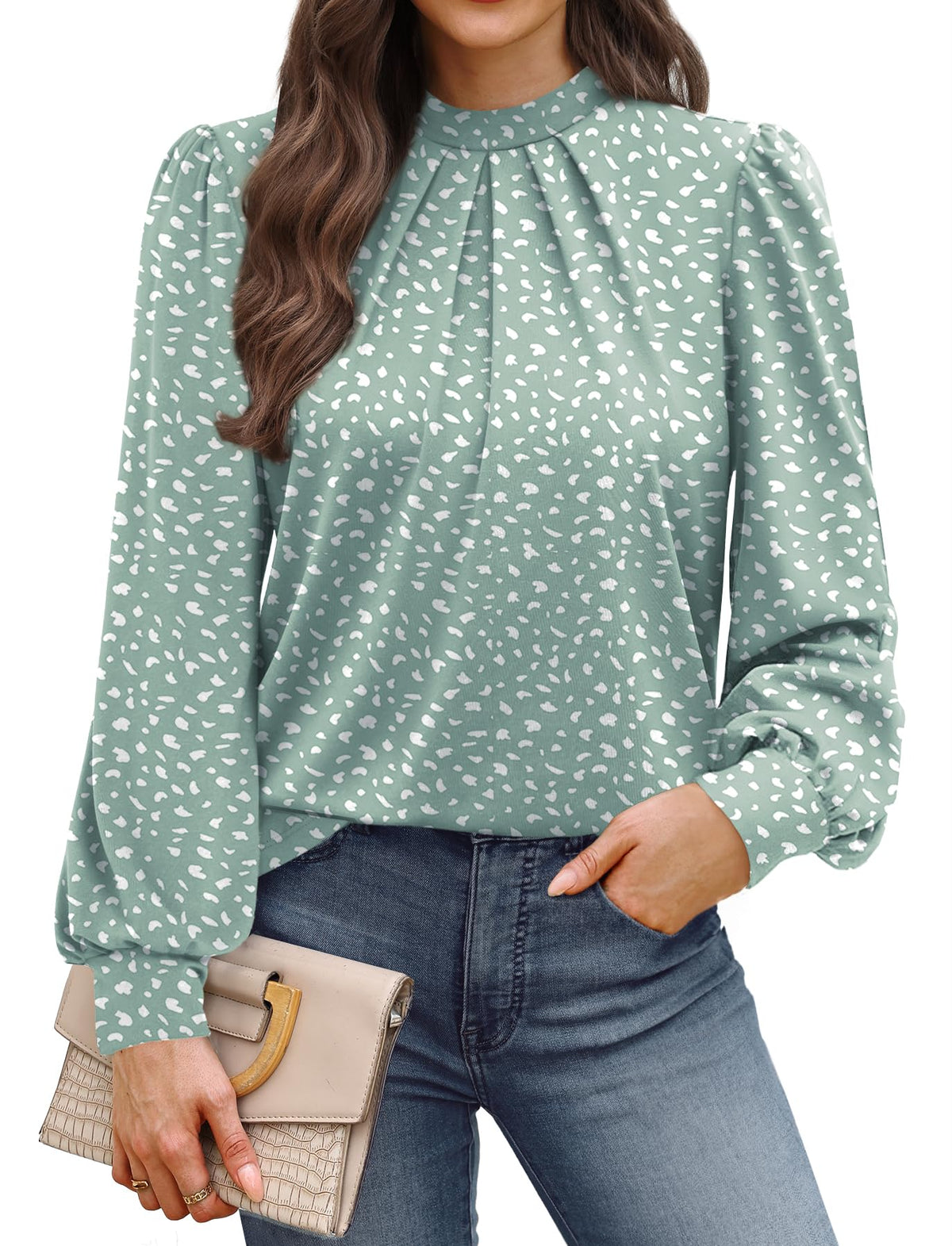 WIHOLL Long Sleeve Shirts for Women Mock Neck Tops Pleated Front Blouses Dressy Casual Spring Fall Clothes 2026 Fashion