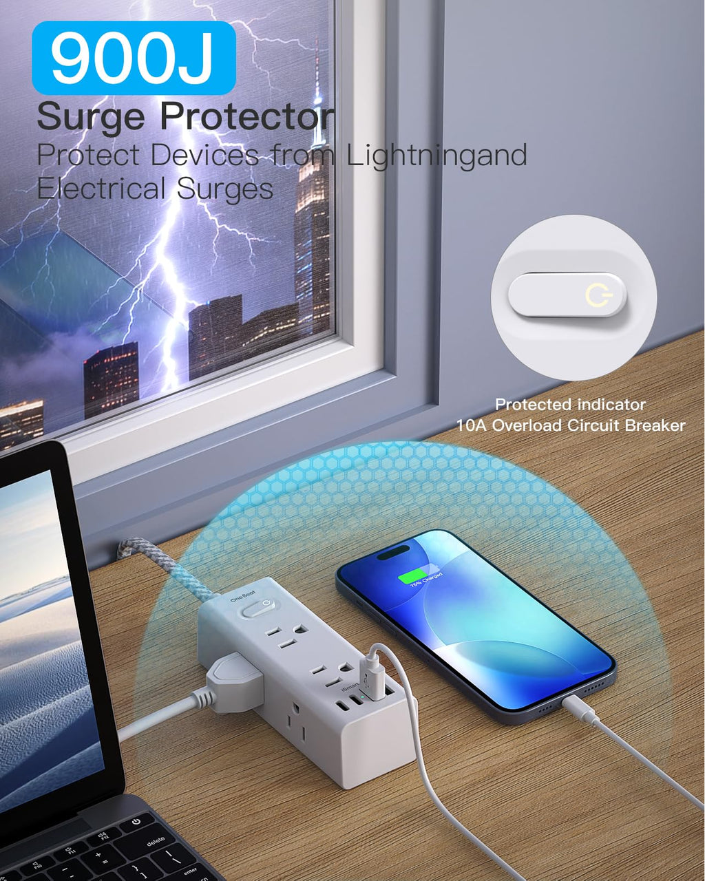 Surge Protector Power Strip 10Ft Long Extension Cord with Multiple Outlets