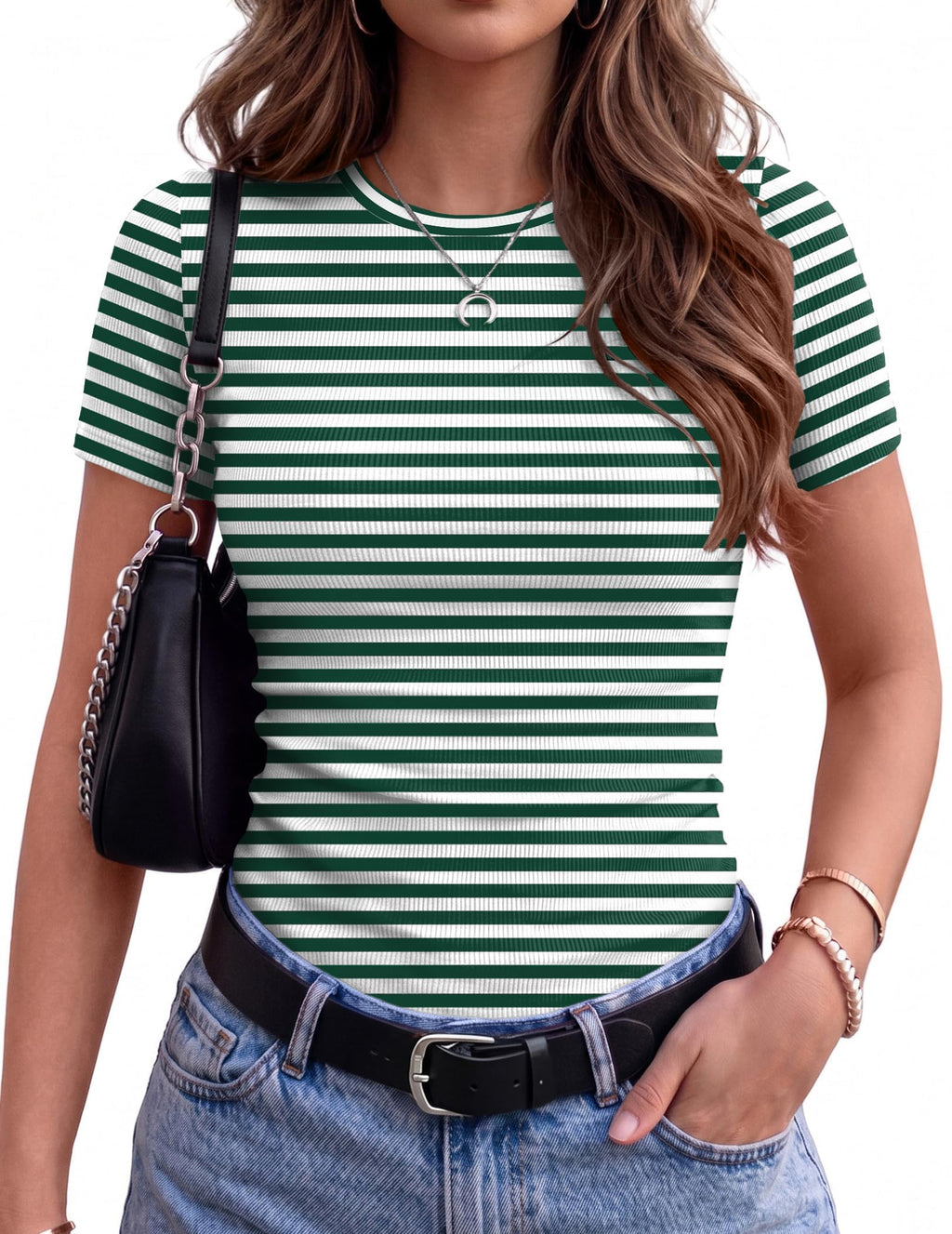 Zeagoo Women's Ribbed Short Sleeve Tops Crewneck Stretch Basic Tshirt S-2XL