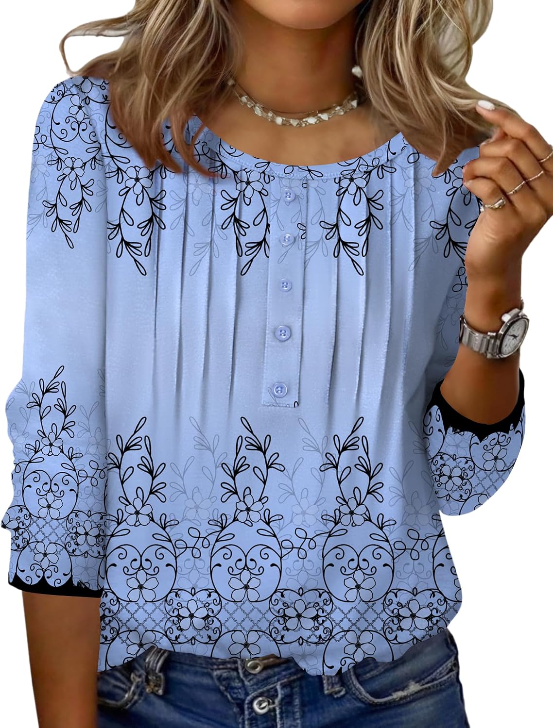 Zeagoo 3/4 Length Sleeve Womens Tops Round Neck Casual Summer Tunic Tops Basic Tees Blouses Dressy T-Shirts Pleated Shirts