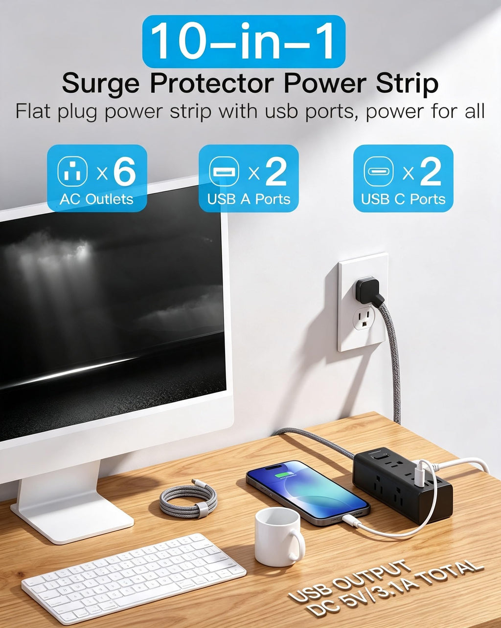 Surge Protector Power Strip 10Ft Long Extension Cord with Multiple Outlets