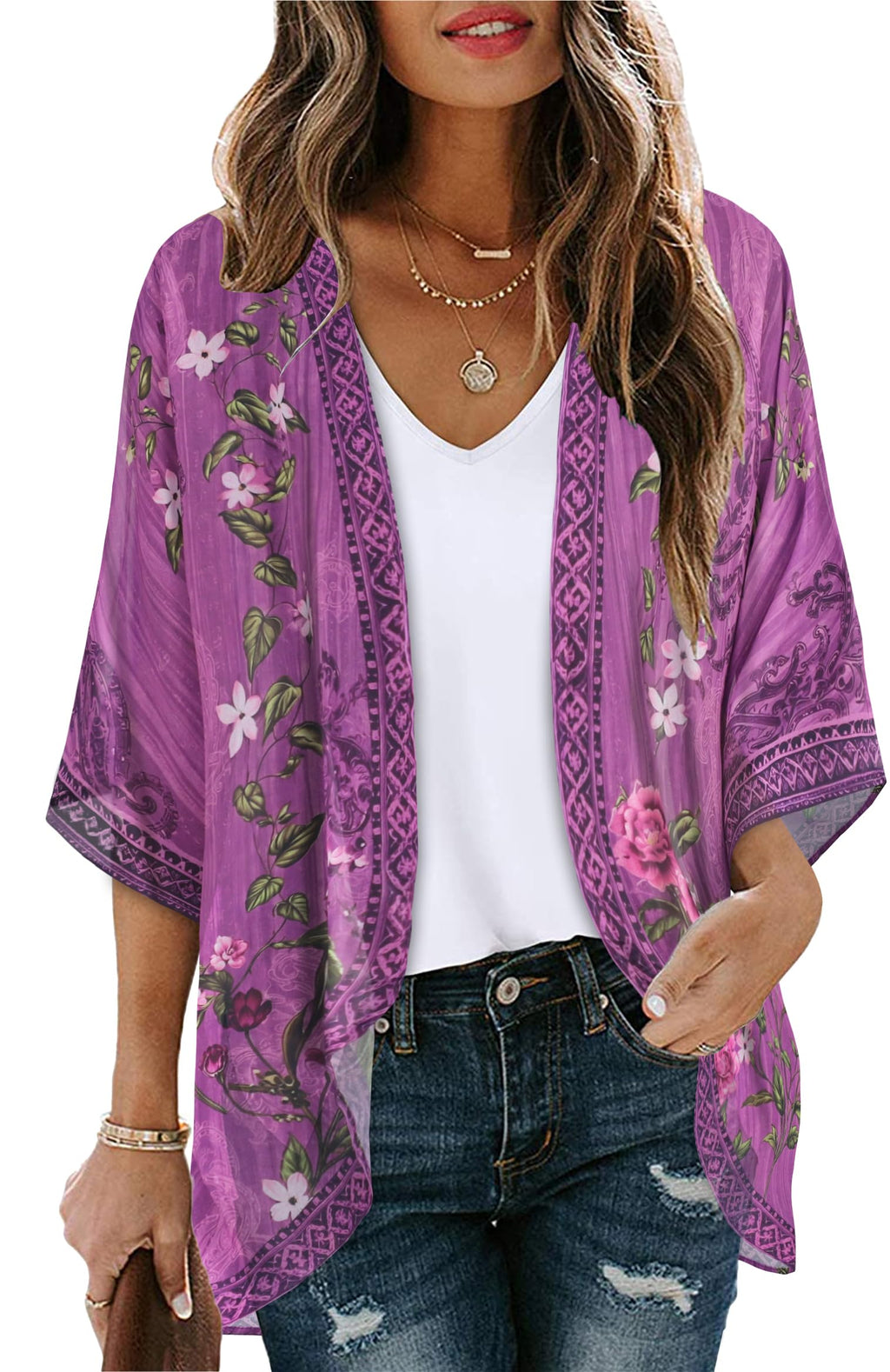 CHICGAL Womens Floral Kimono Cardigan Beach Cover Up Casual Summer Tops